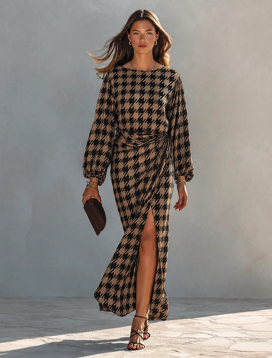 Women's Minimalist Houndstooth Print Long-Sleeve Maxi Dress With Side-Waist Ruching MDZ0948G3ZRK