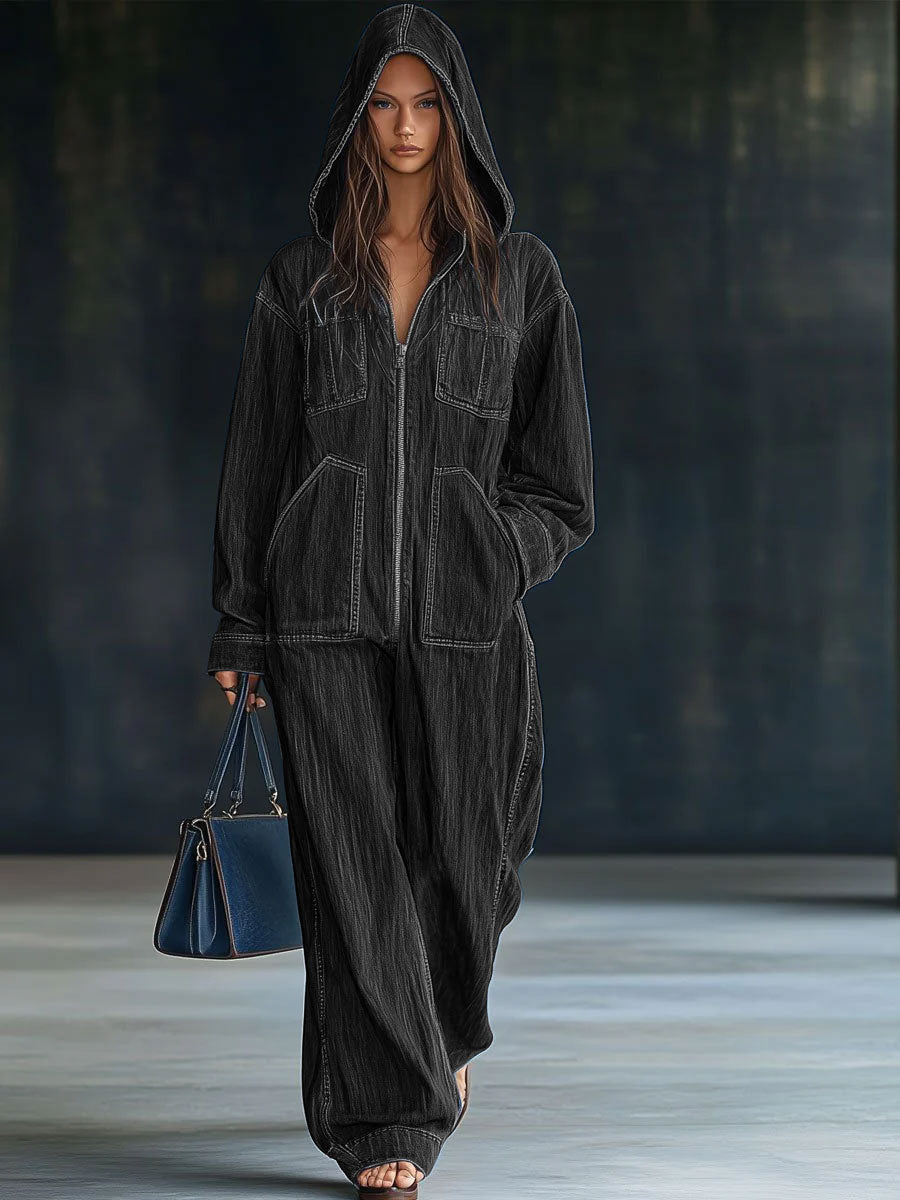 Casual Loose Retro Pocket Long Sleeve Hooded Zipper Denim Jumpsuit