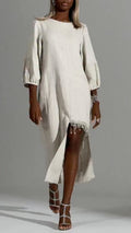 Beige Linen Fringe‑Slit Midi Dress