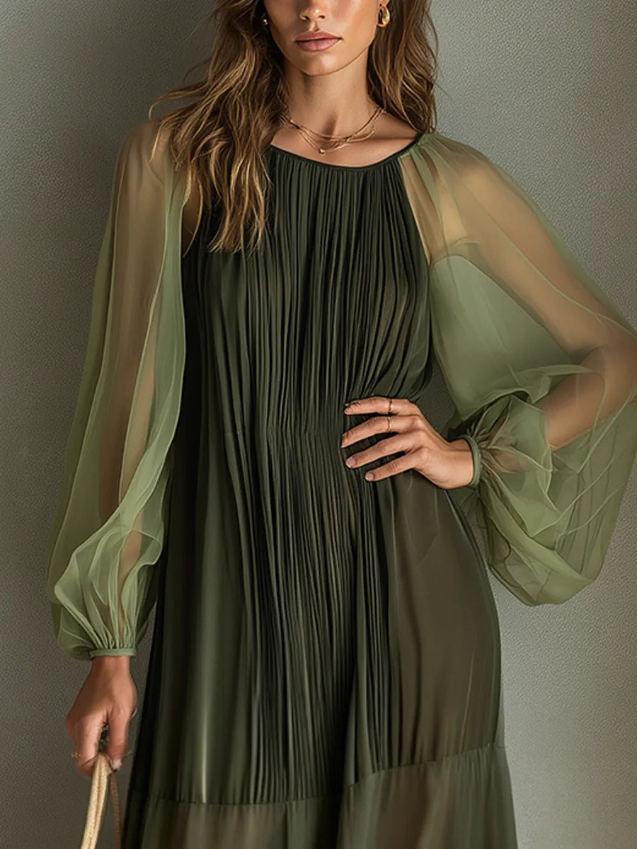 Flowy Olive Sheer Pleated Midi Dress