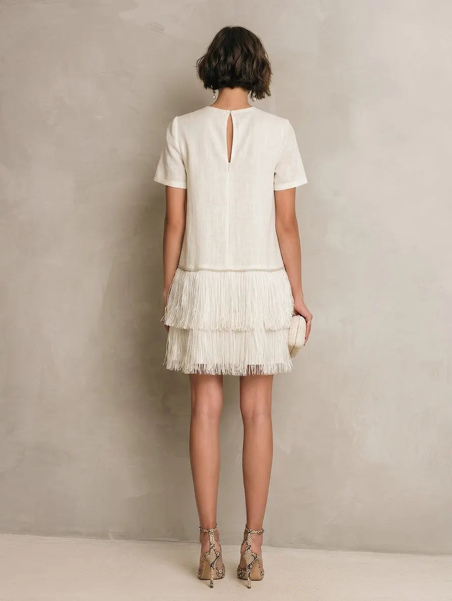 Women's Minimalist Solid-Color Short-Sleeve Mini Dress With Fringed Hem MDZ0967G9WY
