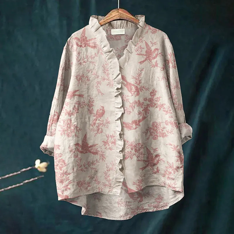 Classy Birds Floral Pattern Ruffle Trim Linen Blouse