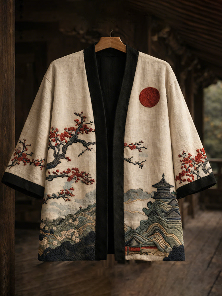 Japanese Cherry Blossom Landscape Art  Linen Blend Kimono Cardigan