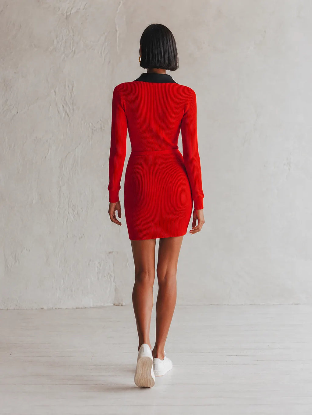 Women's Sporty Chic Red Ribbed Knit Contrast Collar Half-Zip Long Sleeve Zip Pocket Bodycon Mini Dress MDZ1409G9ZSQ