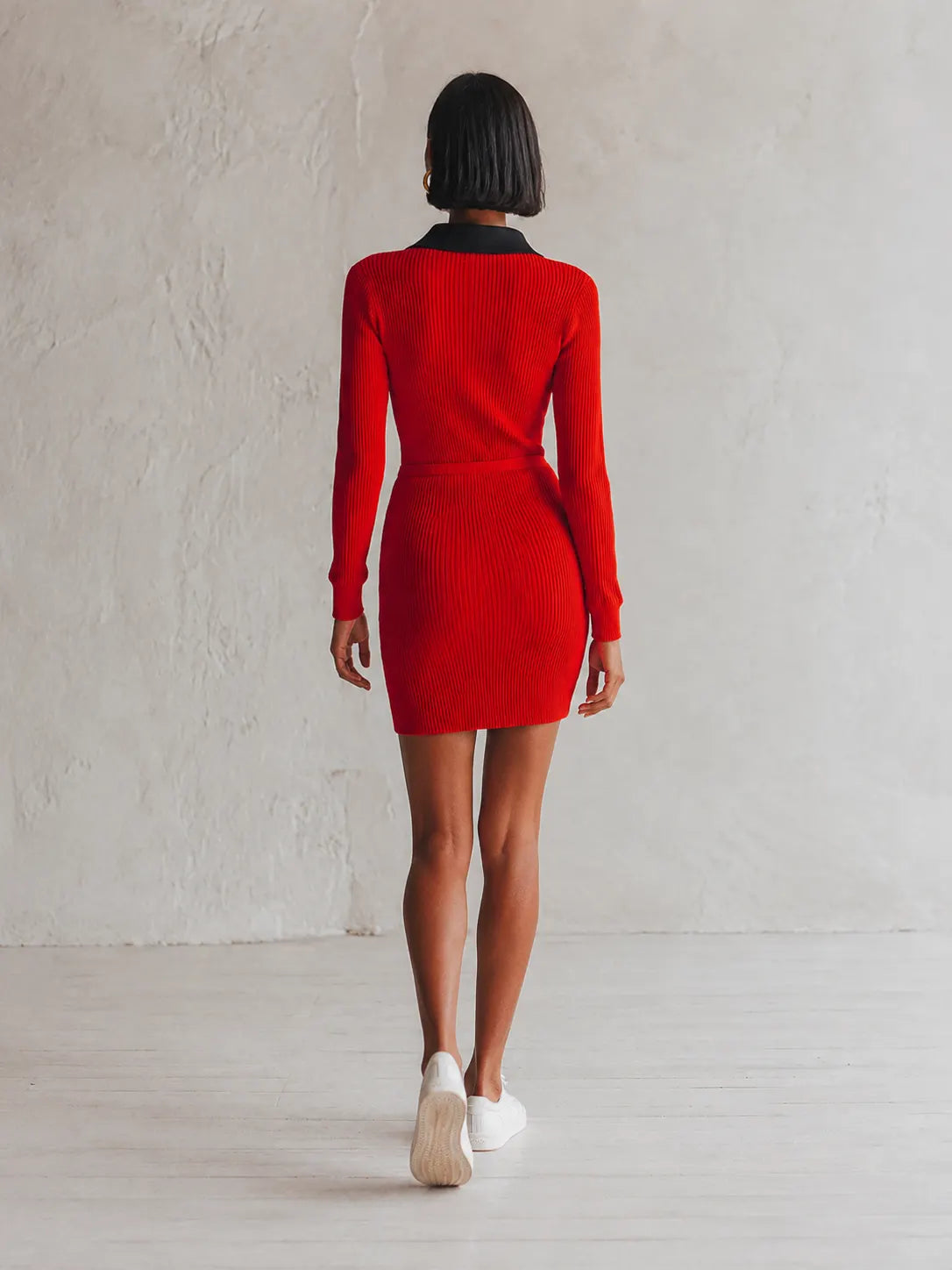Women's Sporty Chic Red Ribbed Knit Contrast Collar Half-Zip Long Sleeve Zip Pocket Bodycon Mini Dress MDZ1409G9ZSQ