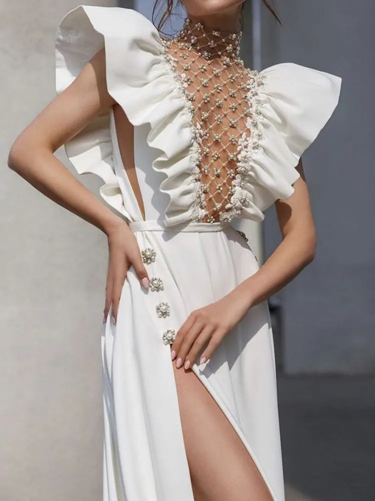 White Fluffy Sleeveless Beaded See-Through Split-Side Wedding Maxi Dress