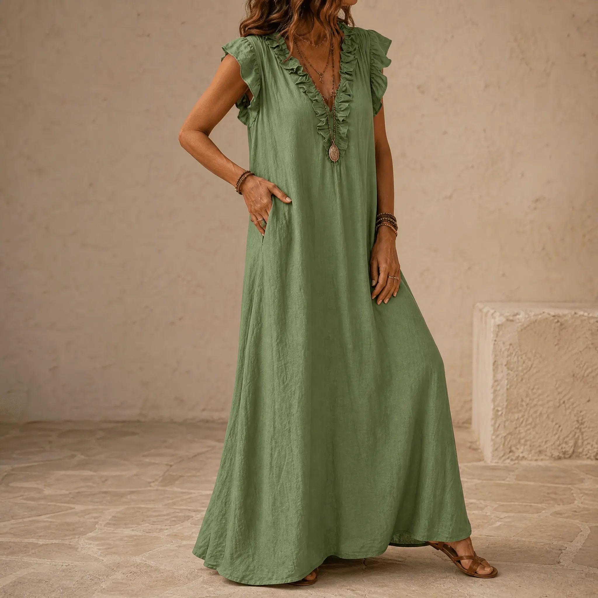 Veluna – Women's Ruffle-V Midi Dress with Pockets