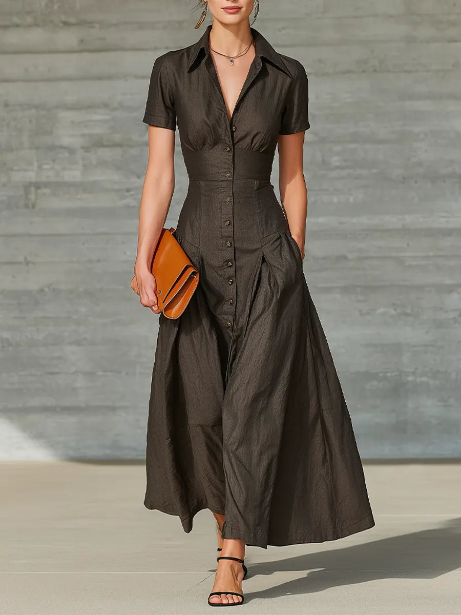 Women's Dark Brown Linen Blend Maxi Shirt Dress With Turn-Down Collar & Side Pockets, Elegant Waist-Cinched A-Line Long Dress MDZ1698G0LYL
