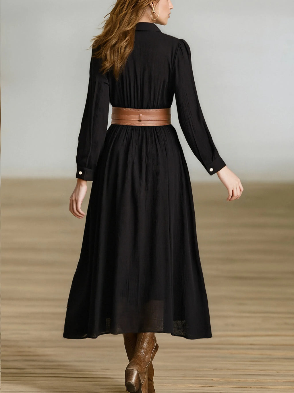Women's Imitation Cotton And Linen Pleated Lapel Single-breasted Long-sleeved Maxi Dress MDA1768I7Y