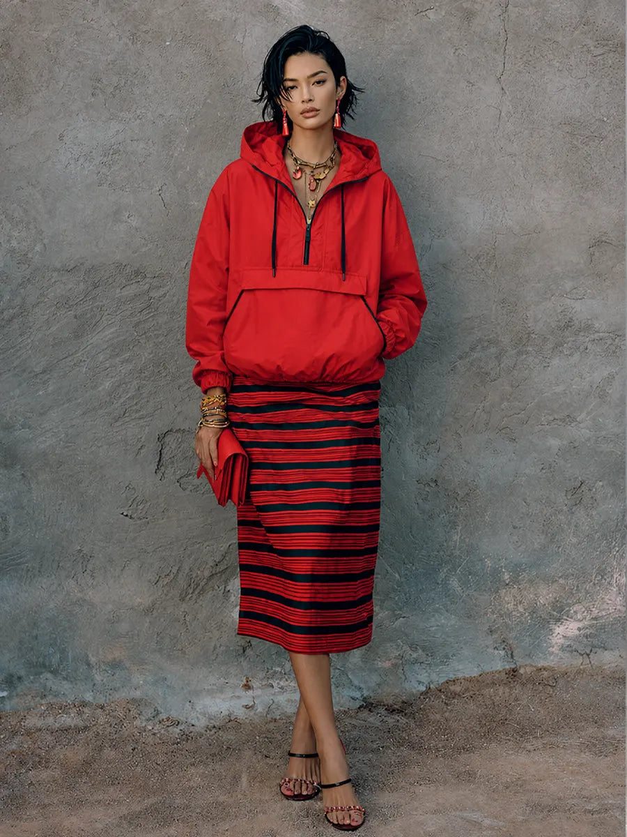 Women's Street Casual Bright Red Polyester Half Zip Hooded Kangaroo Pocket Cropped Windbreaker Sweatshirt MDZ1429G6GMJ