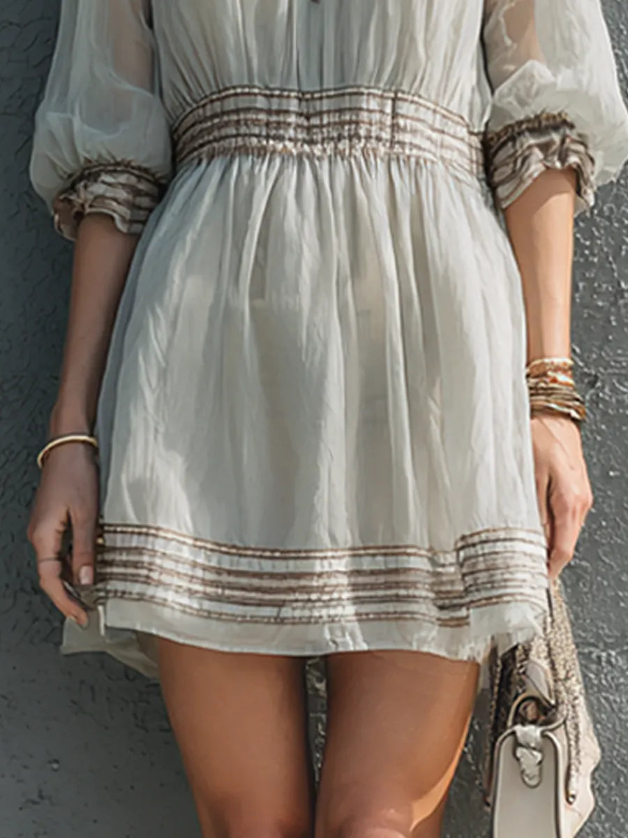 Women's Simple And Elegant Light Gray Chiffon Elastic Gathered Puff Sleeve Short Dress MDZ0986G4GMJ