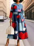 Women's Stylish Denim Patchwork Heart Art Print Silhouette Peter Pan Collar Maxi Dress