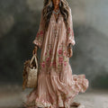 Women's Floral Art Print Flowy Linen Blend Casual Long Sleeve Maxi Dress