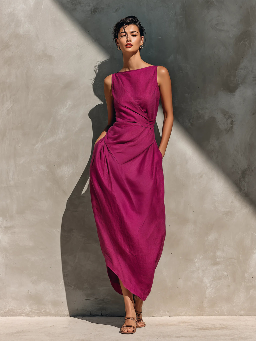 Women’s Fuchsia Linen Sleeveless Boat Neck Cross Asymmetric Hem Midi Dress With Side Pockets MDZ2967F5T