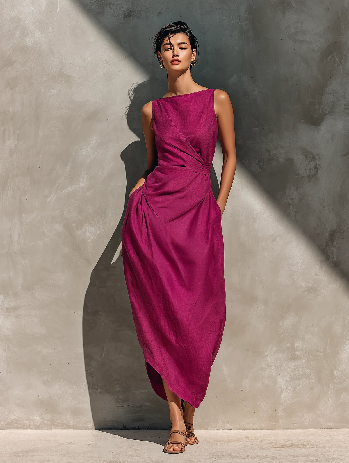 Women’s Fuchsia Linen Sleeveless Boat Neck Cross Asymmetric Hem Midi Dress With Side Pockets MDZ2967F5T