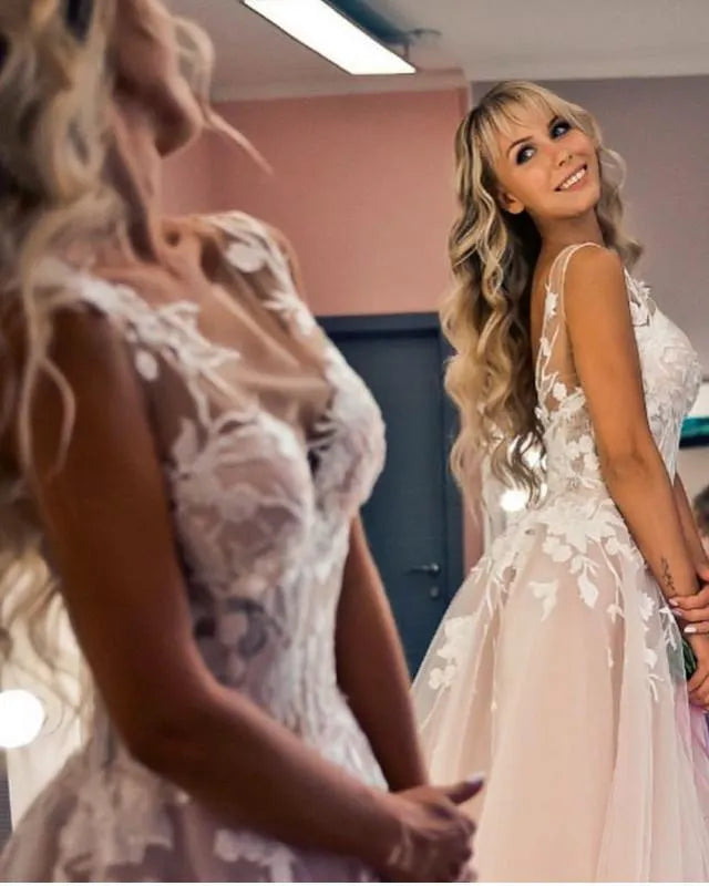 Tulle Backless Wedding Dress Lace Embroidery