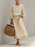 Women's Resort-Style Beige Split Round-Neck Bishop-Sleeve Belted Linen Top & Maxi Skirt Set MDZ1052G1CMX