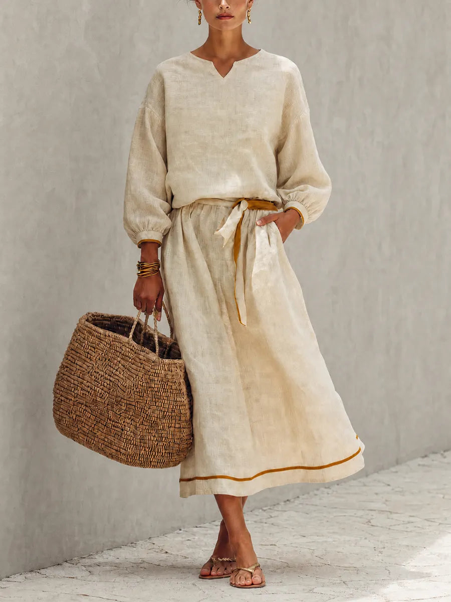 Women's Resort-Style Beige Split Round-Neck Bishop-Sleeve Belted Linen Top & Maxi Skirt Set MDZ1052G1CMX