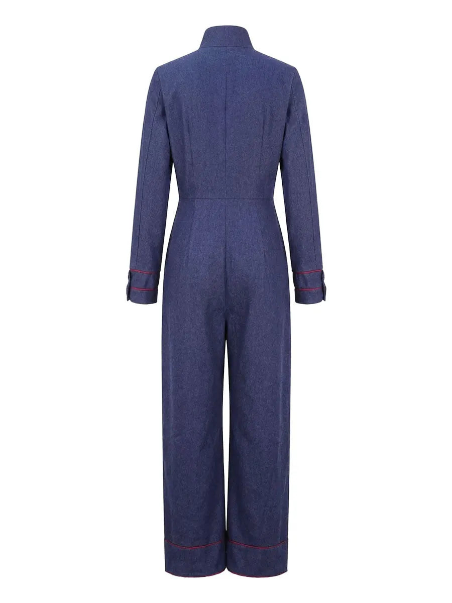 Long Sleeves Wide Leg Zipper Stand Collar Jumpsuits