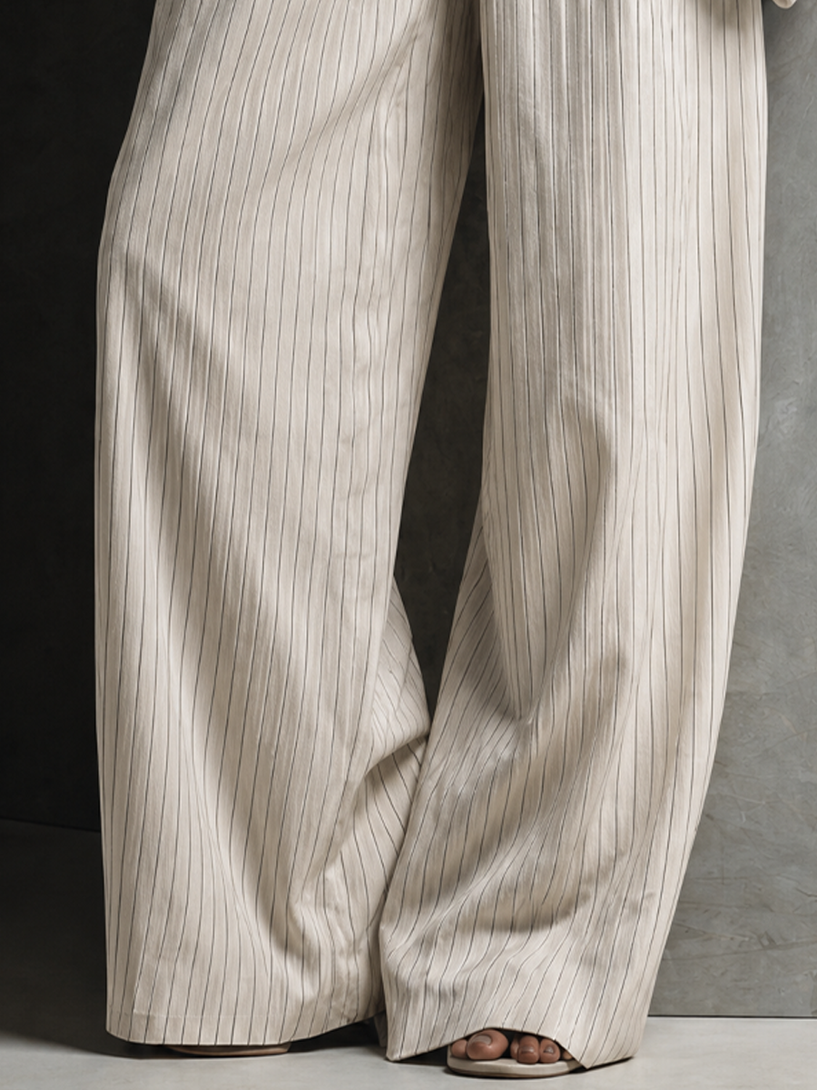 Women's Elegant Ivory Cotton Blend Pinstripe Wide-Leg Full-Length Pants MDZ2455G1GMJ