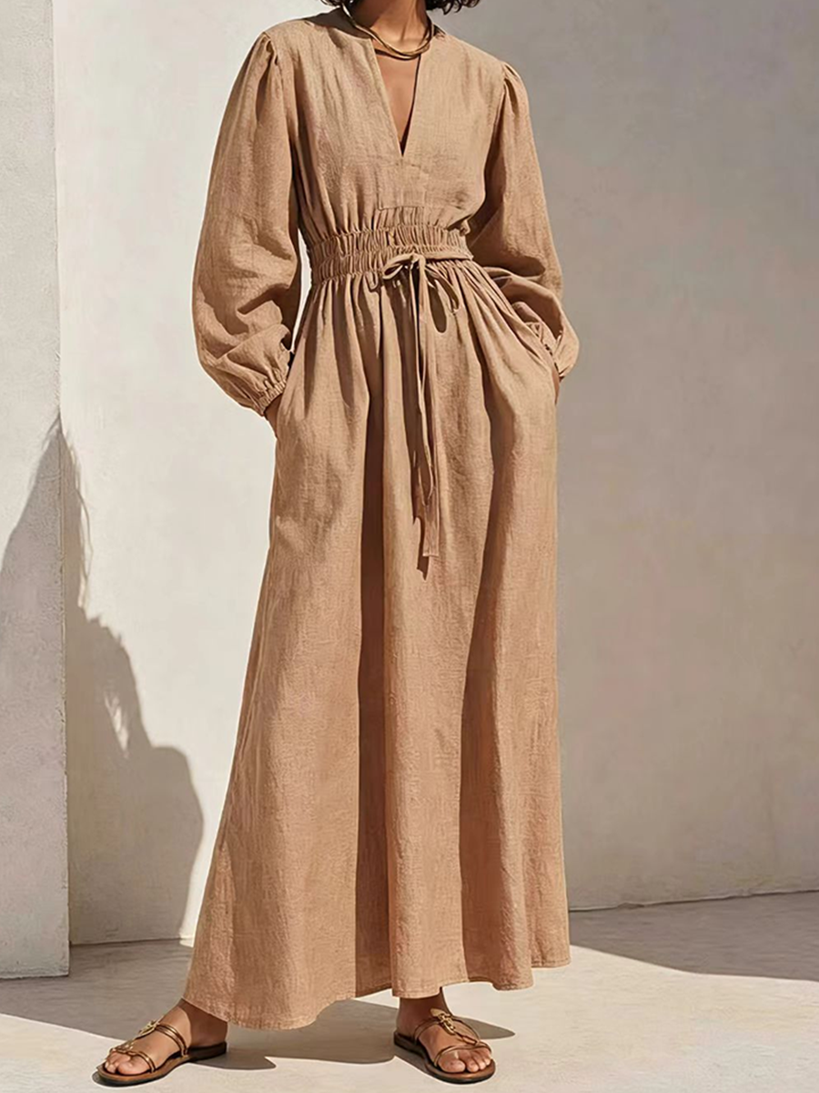 Women's Resort-Style Caramel V-Neck Bishop-Sleeve Drawstring Belted Cinched-Waist Linen Maxi Dress MDZ1378G7CMX