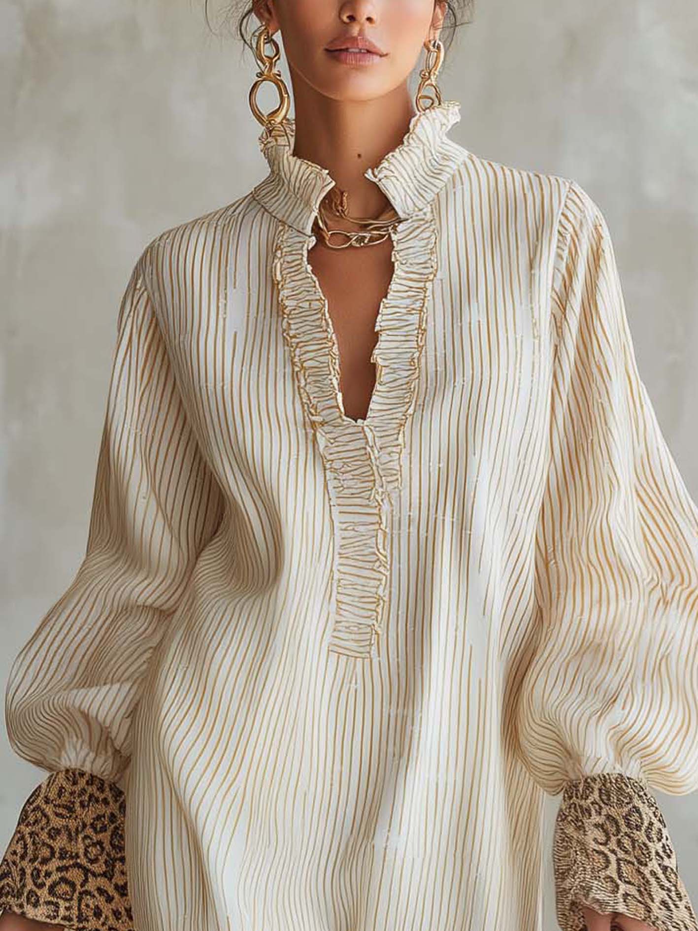 White And Gold Striped Mini Dress With Leopard Ruffle Trim