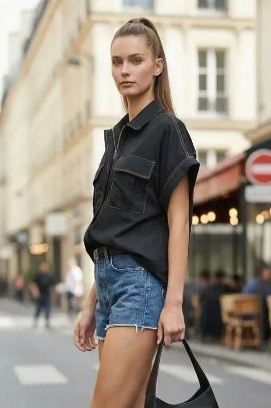 Stitch Detail Front Zip Up Blouse