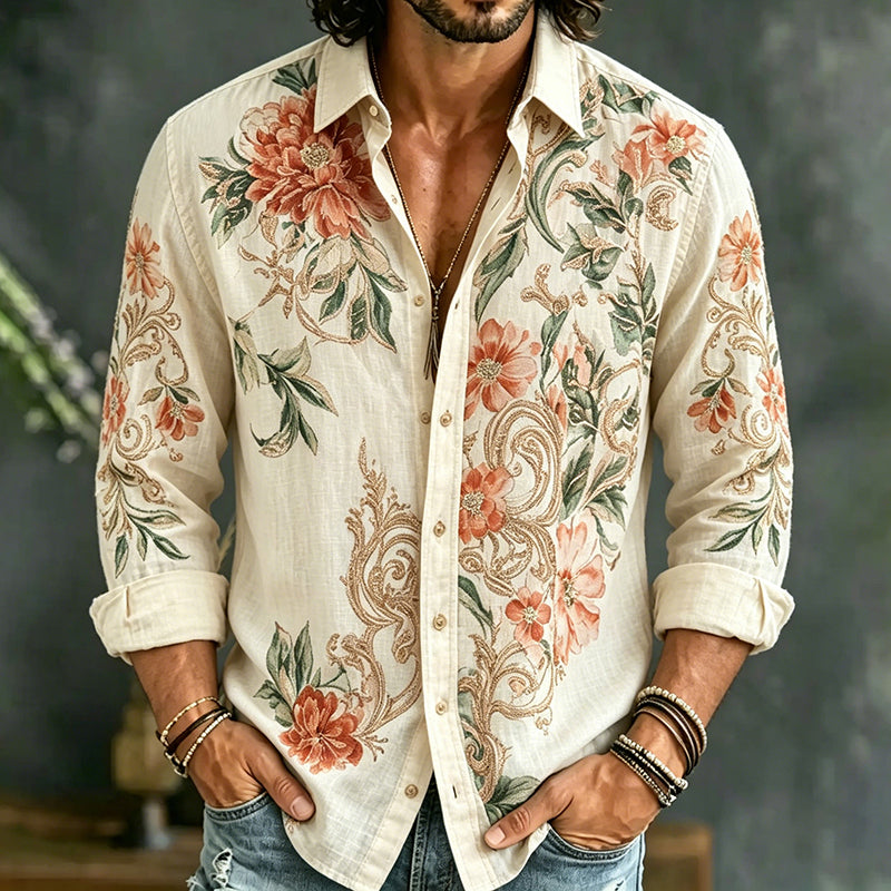 Men's Floral Art Pattern Cotton Linen Casual Shirt