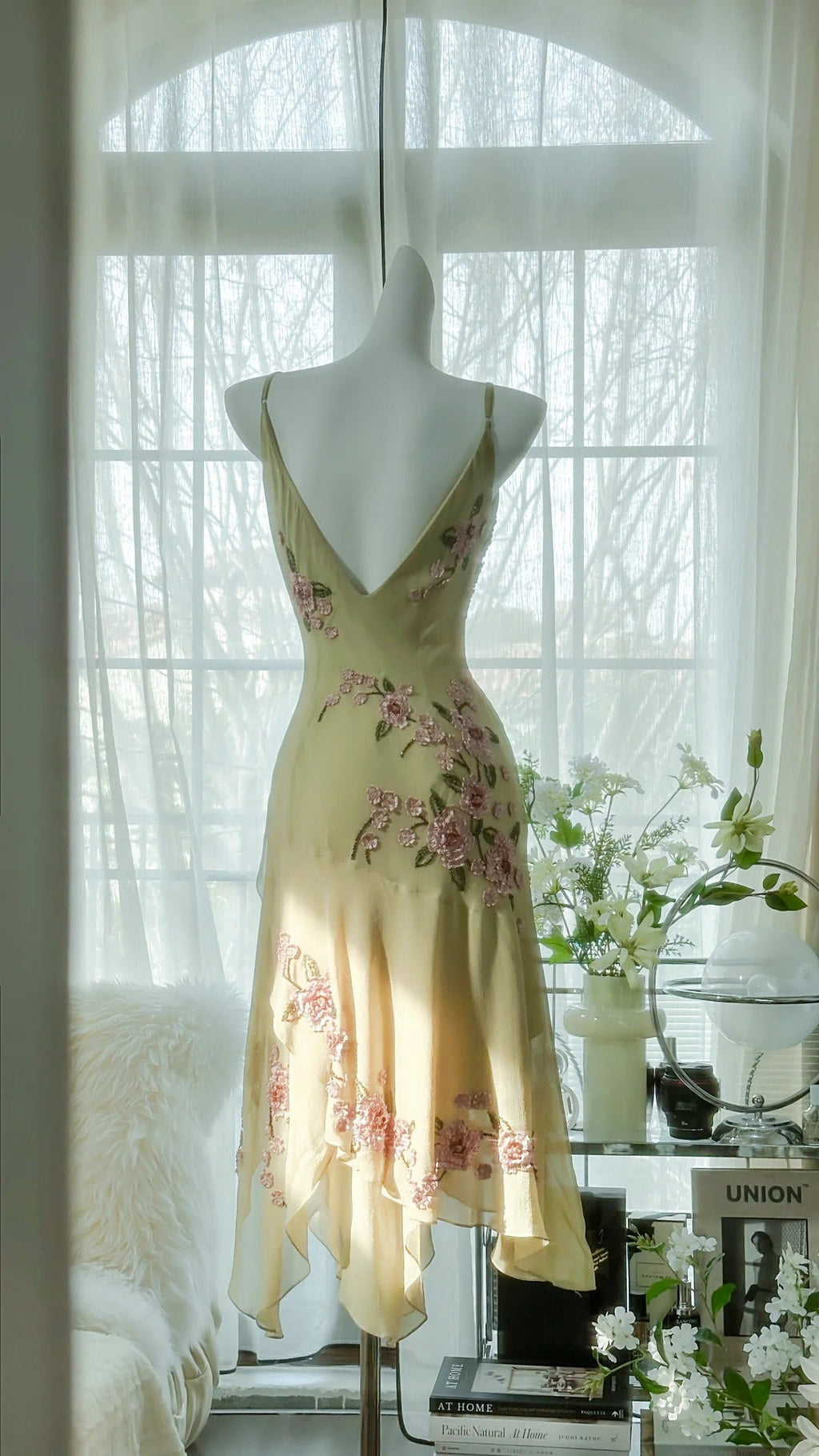 Yellow Elegant Romantic Delicate Pink Floral Beading Spaetti Straps Midi/Short Chiffon Homecoming Ball Gown Evening Dress Birthday/Wedding Guest/Holiday Party Dress Prom Dress 4023