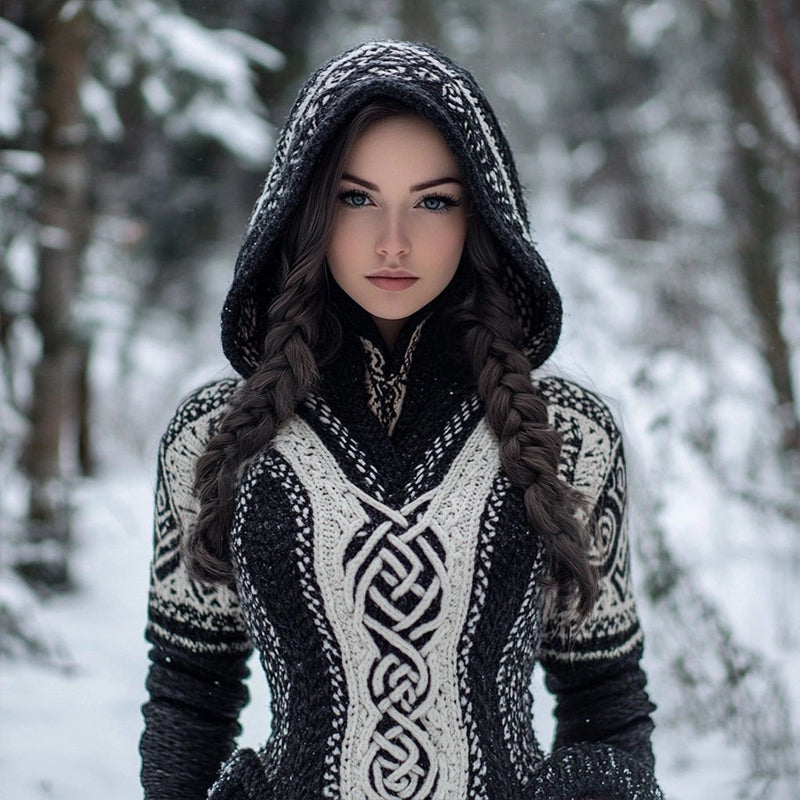 Women's Celtic Knot Jacquard Contrast Color Knit Hooded Sweater