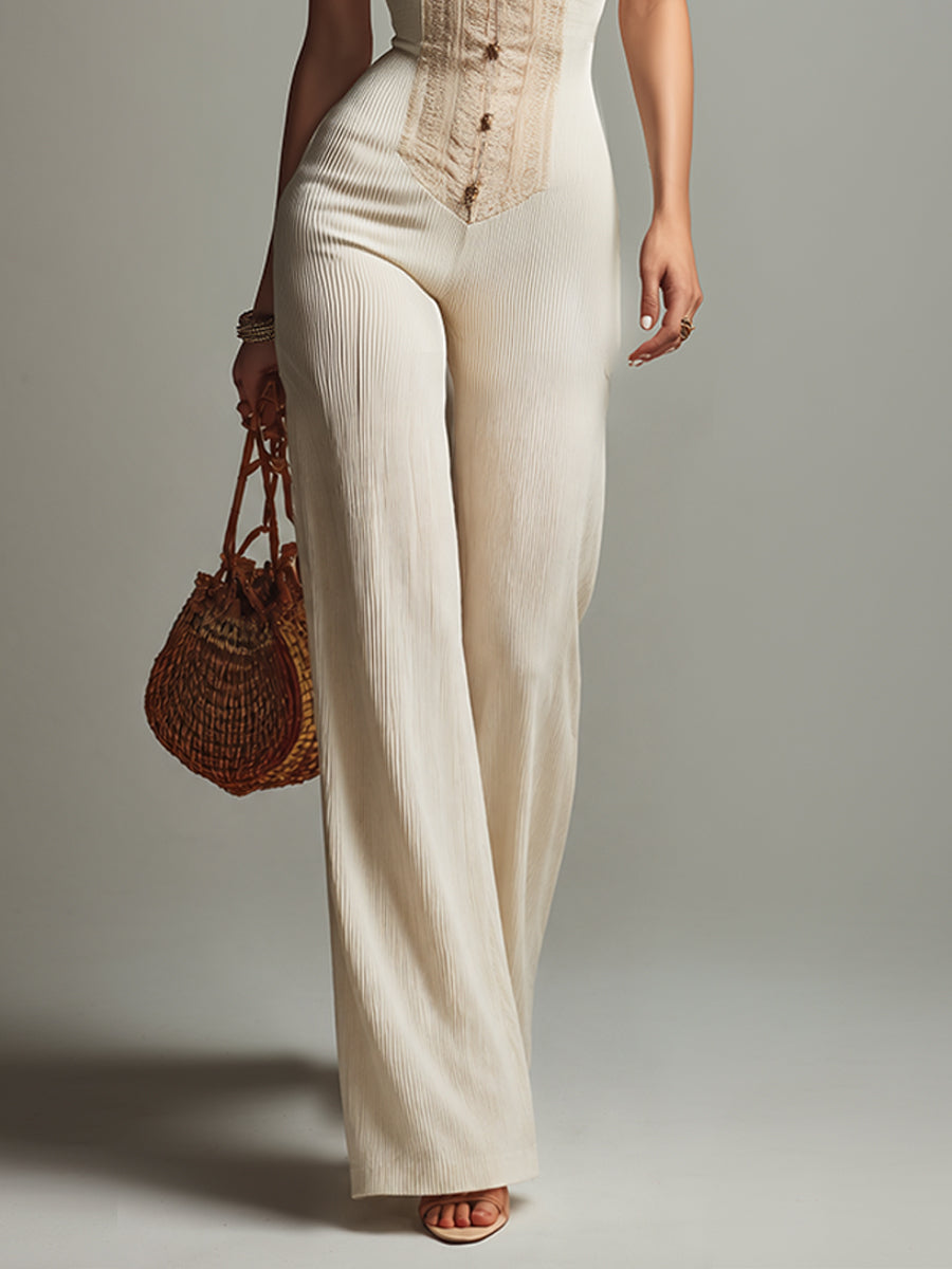 Retro Lace-Trimmed Pleated Straight-Leg Jumpsuit