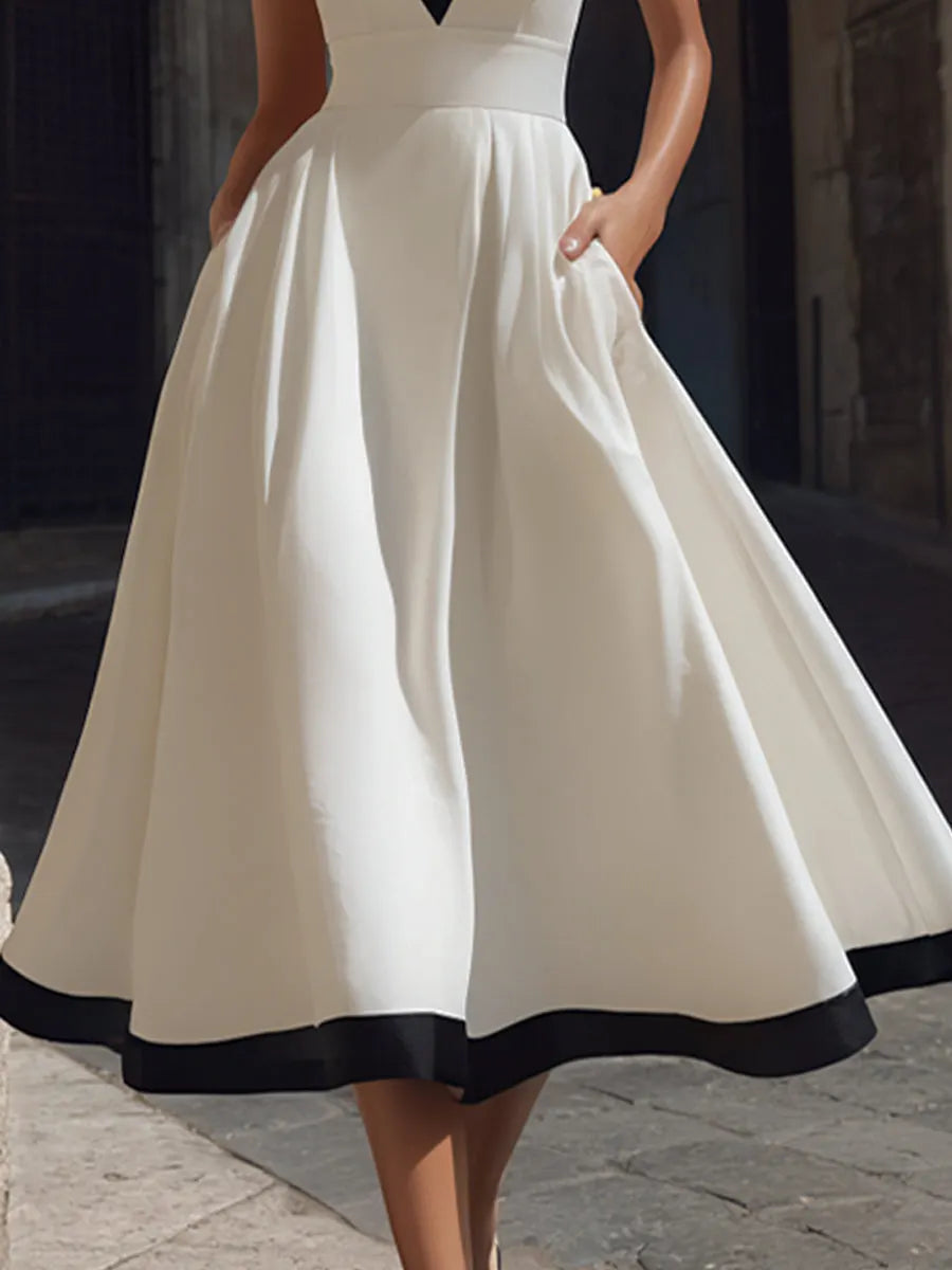 Elegant V-Neck A-Line Midi Dress With Contrast Trim And Pockets