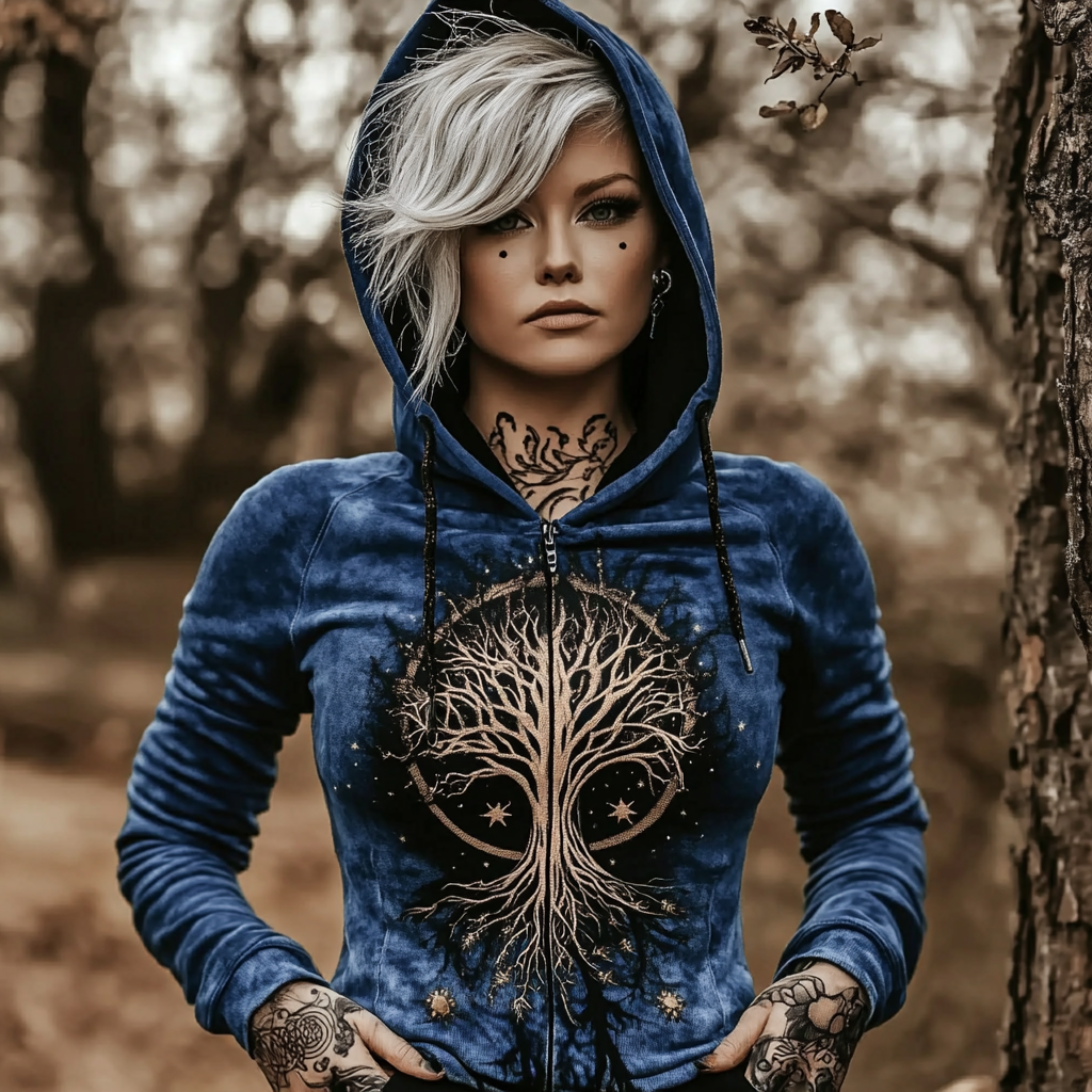 Vintage Mystical Tribal Tree Of Life Printed Women's Zip Hoodie Jacket