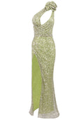 One Shoulder Floral Sequin Maxi Dress Green