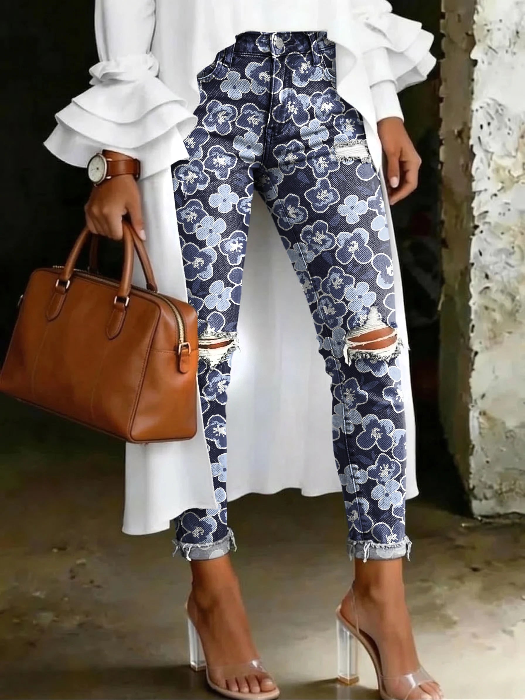 Women's Fashion Retro Graffiti Floral Print Artistic Print Casual High-waisted Ripped Skinny Jeans