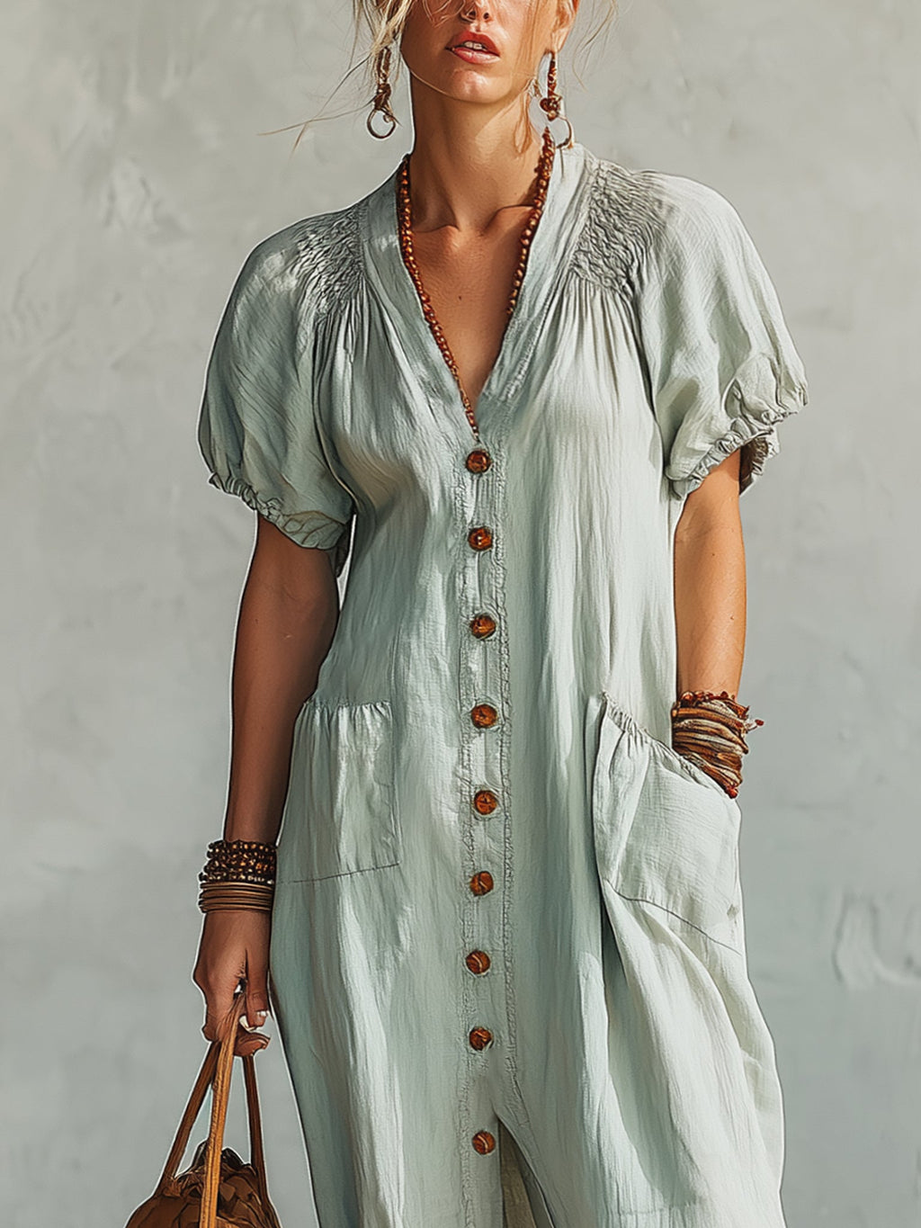 Blue Linen Button Front Short Sleeve Maxi Dress