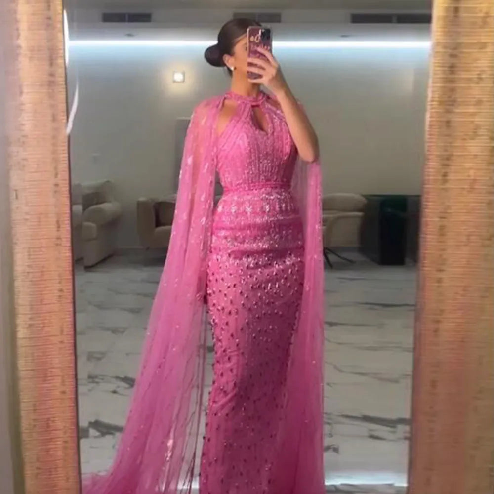DreamyVow  Luxury Dubai Mermaid Pink Evening Dresses with Cape Sleeves 2023 Arabic Women Wedding Guest Formal Party Gowns 361