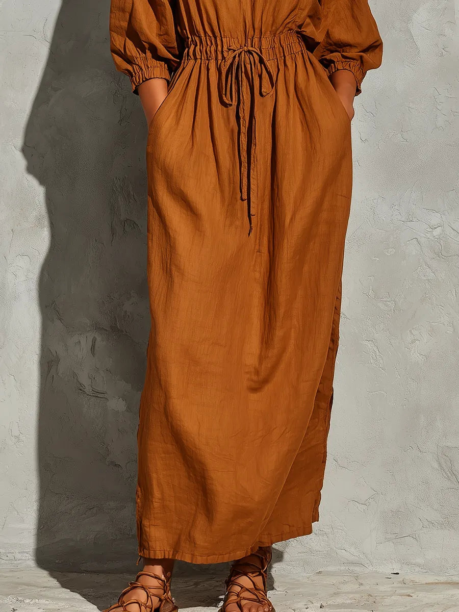 Women’s Rust Linen Blend White Contrast Embroidery V Neck Bubble Cuff Sleeve Drawstring Waist Midi Maxi Dress With Side Pockets MDZ0609G1YZJ