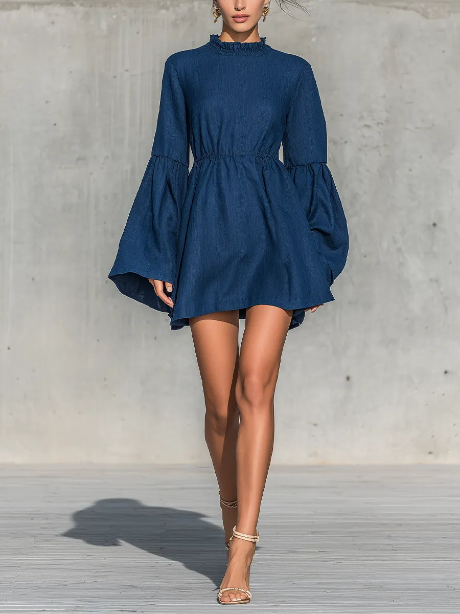 Women's Navy Blue Cotton-linen Blend Ruffle Elastic Waist Bell Long Sleeve Mini Dress MDZ2230G0YZJ