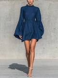 Women's Navy Blue Cotton-linen Blend Ruffle Elastic Waist Bell Long Sleeve Mini Dress MDZ2230G0YZJ