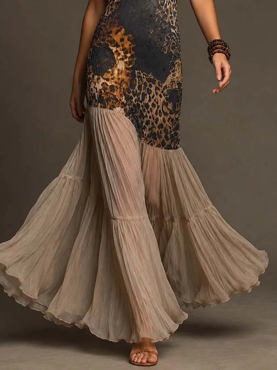 Retro Leopard Print Halter-neck Ribbed Chiffon Maxi Dress With Ruffles