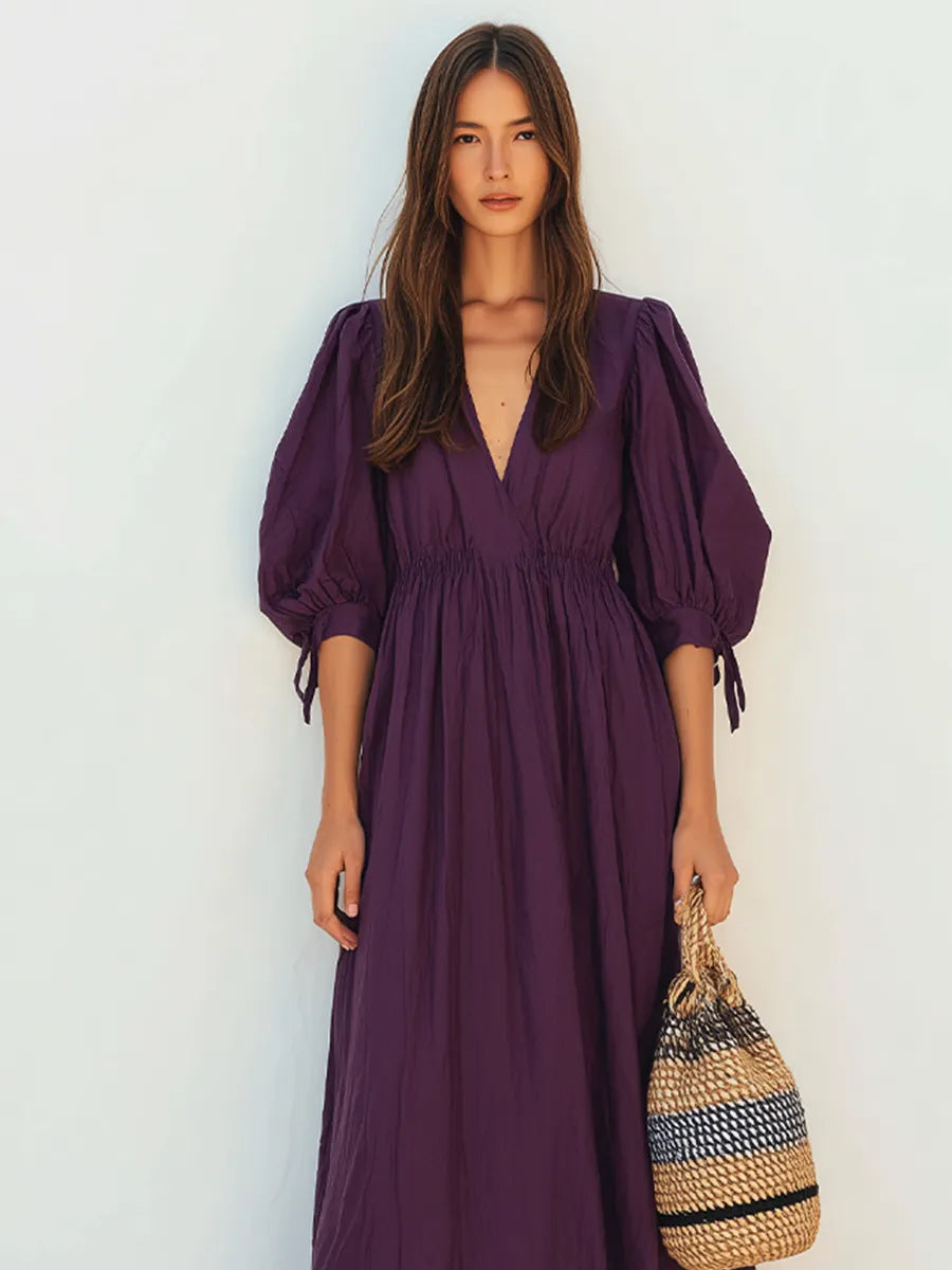 Women's Dark Purple Crinkled Woven Maxi Dress With V Neck Tie Cuff Puff Sleeves & Smocked Elastic Waist, Boho Casual Resort Flowy Maxi Dress MDZ0956G8LYL