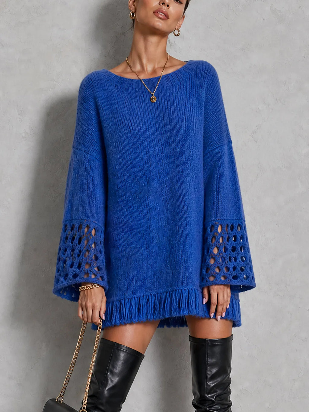 Blue Openwork Bell Sleeve Fringe Hem Knit Mini Dress