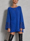 Blue Openwork Bell Sleeve Fringe Hem Knit Mini Dress