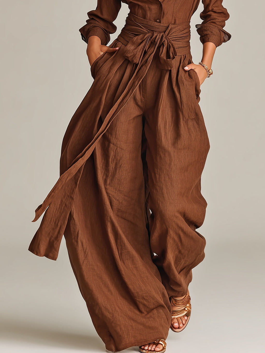 Brown Long-sleeved Shirt-collar Jumpsuit (with belt)