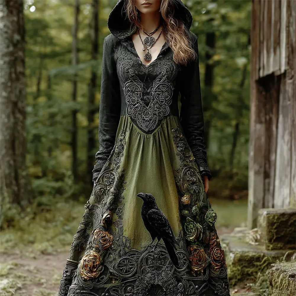 Halloween Crow & Vintage Rose Dark Art Women's Long-sleeve Hooded Maxi Dress