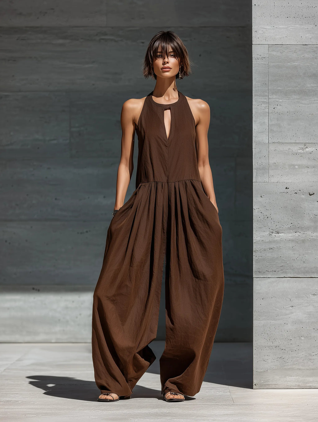 Women’s Casual Resort Wear Brown Sleeveless Keyhole Detail Pleated Waist Extra Wide Leg Pocket Jumpsuit MDZ3003F1T