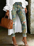Women's Fashion Cute Spring Floral Prints Artistic Print Casual High-waisted Ripped Skinny Jeans