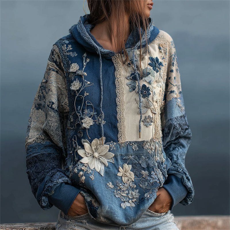 Vintage Flowers Lace Fiber Art Patchwork Hoodie
