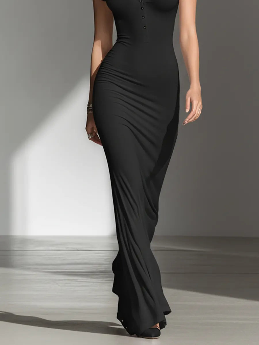 Women's Solid Black Soft Jersey Floor Dress With V Neck Henley Buttons & Figure-Hugging Silhouette, Modern Minimalist Casual Formal Maxi Dress MDZ2617F2LYL